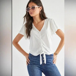 Women’s Francesca’s blue rain Tie Front Blouse. White Small NWT